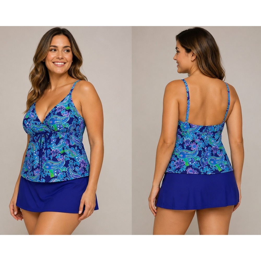 Women's 22W Paisley Tankini Swimsuit Swim Dress Skirted Bottom 2 Piece Blue...